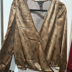 Sincerly Jules Gold and Black Animal Print Faux-Wrap Blouse